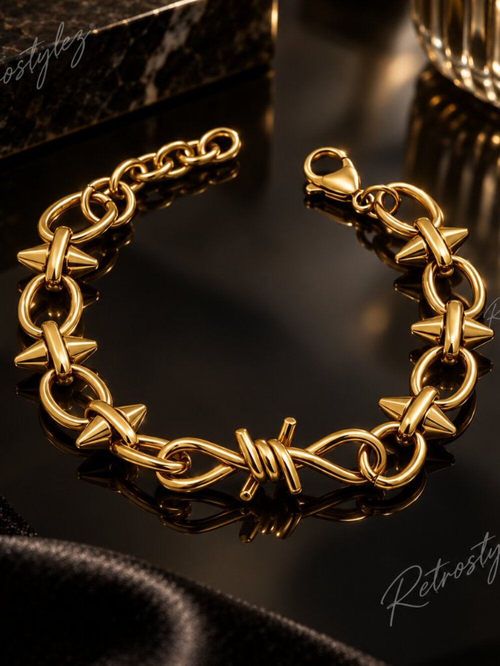 18K Gold Mens Spiked Chain Link Style Bracelet New 18 Karat Silver Jewelry 7" 8"